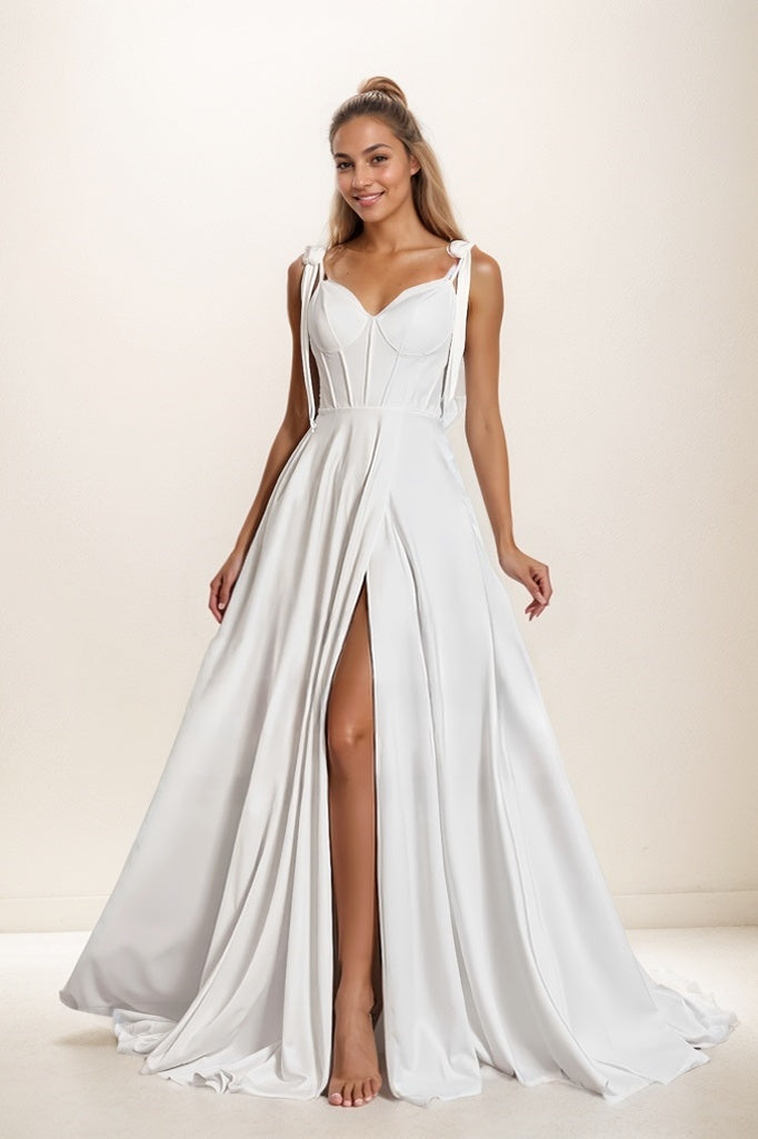 A-Line High Split Sweep Train Matte Satin Prom Dresses CS0807 - COCOMELODY